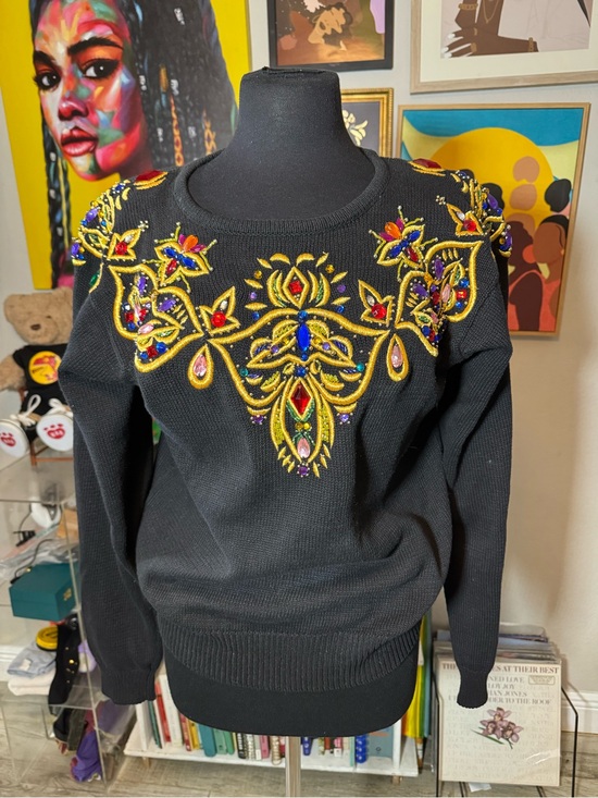 Sweaters - Vintage Black Embellished Crewneck Sweater with Gold & Multicolor Beadwork